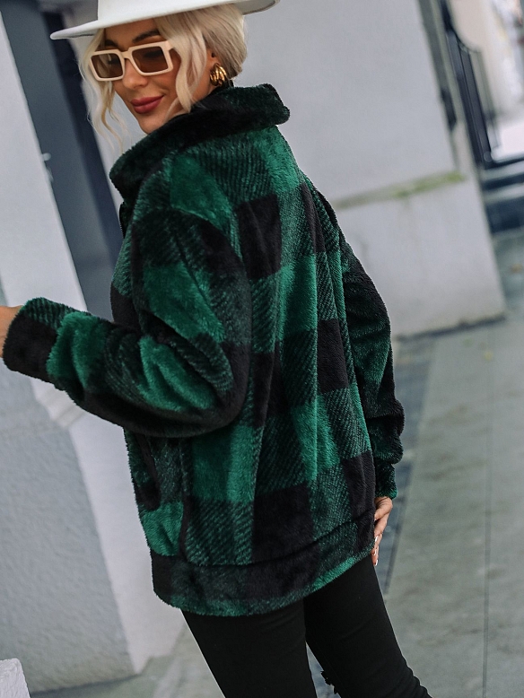 Kragen Karo regular mittellang Plüsch Reißverschluss Wendefleecejacke FT279