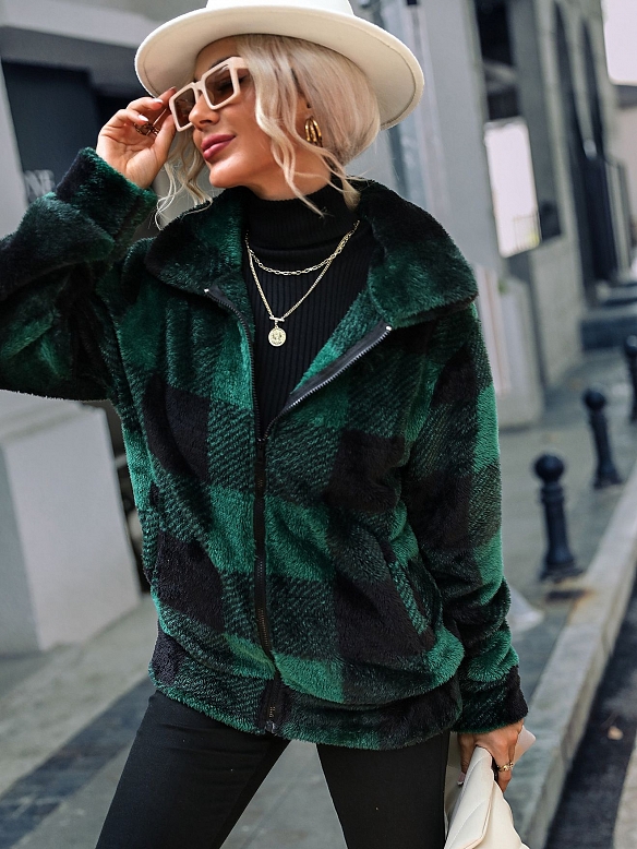 Kragen Karo regular mittellang Plüsch Reißverschluss Wendefleecejacke FT279