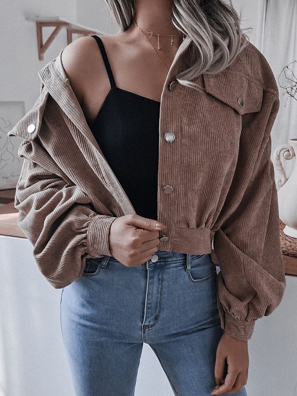 Langärmelige, lässige, kurze Jacke aus Kord　FT243