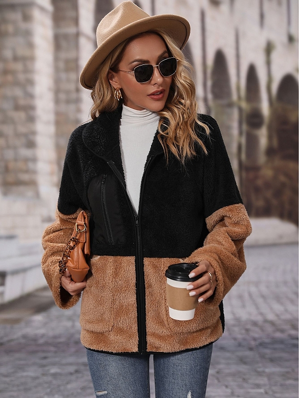 Locker sitzende Farbblockierung Reißverschluss verdickt Wendefleece Freizeitjacke FT282