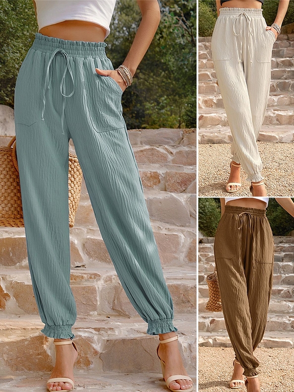 Unifarbene Hose mit hoher Taille und Kordelzug HS971