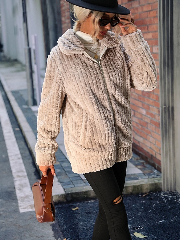 Langärmelige solide mittellange Wende-Fleecejacke FT291