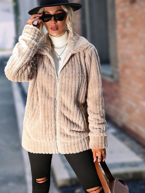 Langärmelige solide mittellange Wende-Fleecejacke FT291