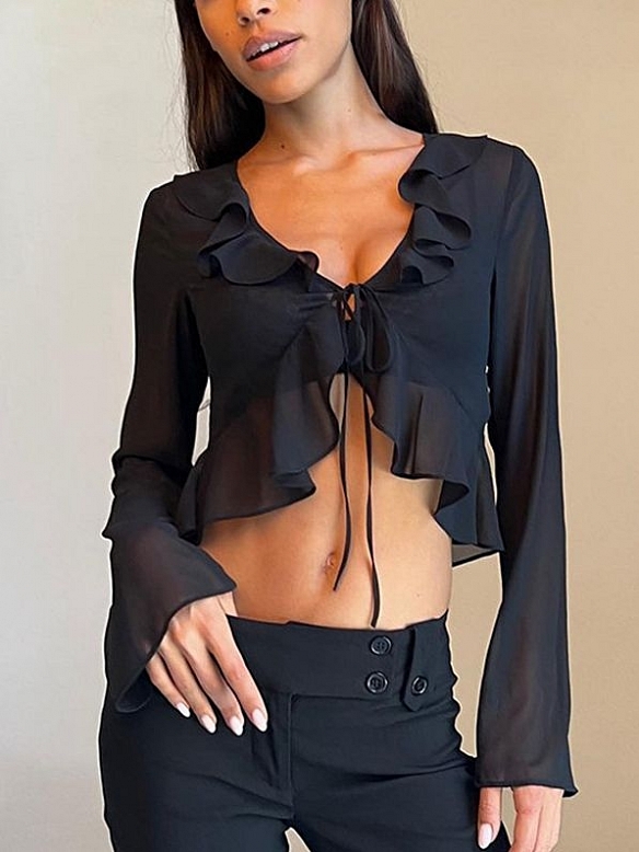 Unregelmäßige Chiffonbluse mit Rüschenausschnitt FT240