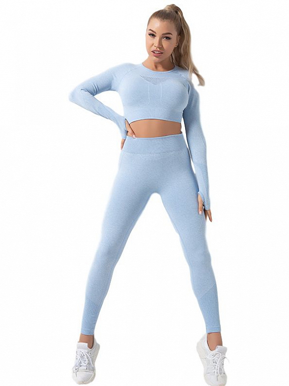 Atmungsaktive gestrickt nahtlose Yoga-Anzug lange Ärmel Set ST228 