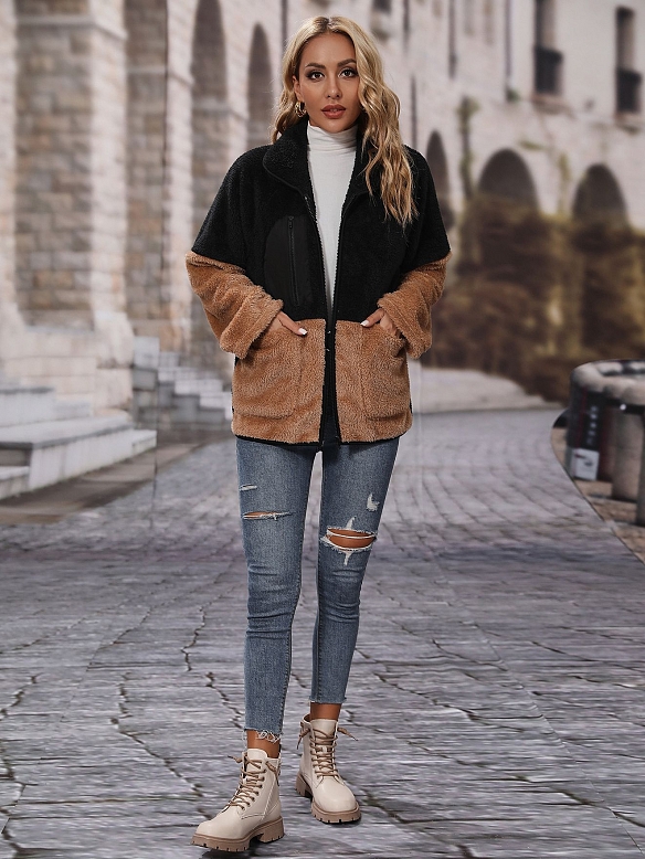 Locker sitzende Farbblockierung Reißverschluss verdickt Wendefleece Freizeitjacke FT282