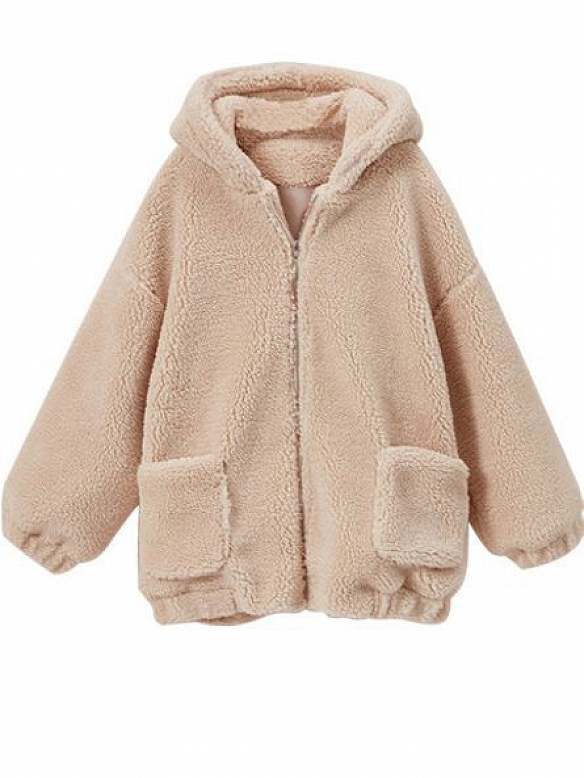 Damen Sport Kapuzenjacke Teddy Fleece Plüschjacke mit Seitentaschen  FT188