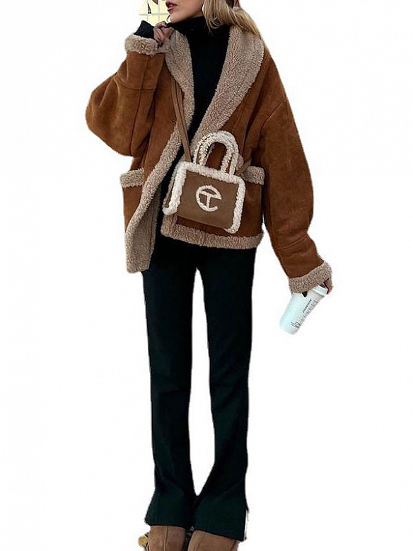 Lammfell-Tweed-Patchwork-Jacke mit großem Revers, lose Baumwolle FT238