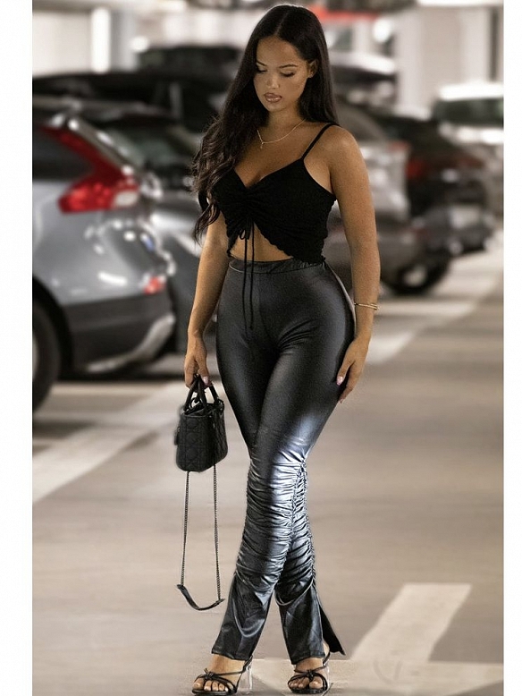 Skinny plissierte PU-Lederhose HS835