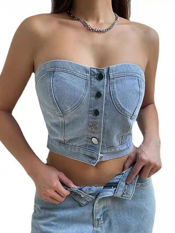 Button Down Denim Mantel Weste Top PF026