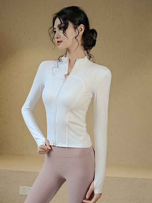 Top Women's Stand Up Neck Zip Shirt Running Gym Long Sleeve PF022