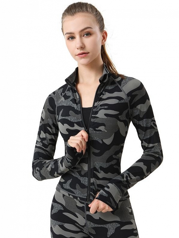 Stehkragen Reißverschluss Einsatz Finger Ärmel gedruckt Sportjacke FT301