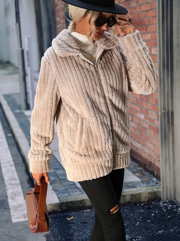 Reverskragen Reißverschluss Langarm einfarbig mittellang Wendefleecejacke FT281