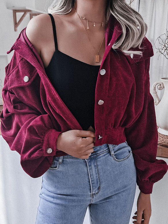 Langärmelige, lässige, kurze Jacke aus Kord　FT243