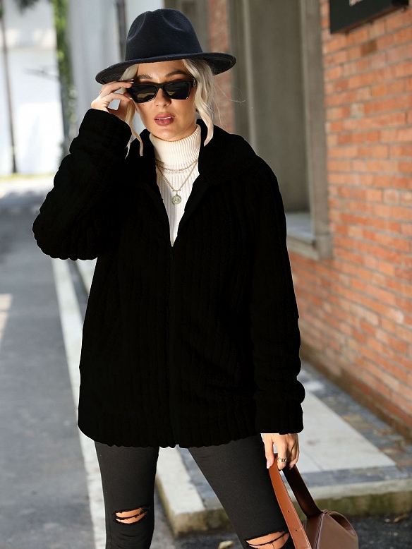 Reverskragen Reißverschluss Langarm einfarbig mittellang Wendefleecejacke FT281