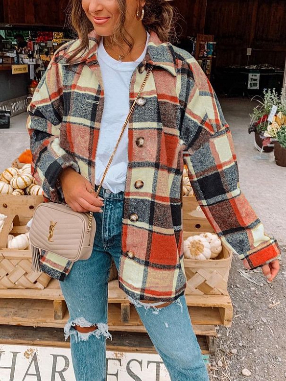 Damen Oversized Karierte Hemdjacke Langarm FT194