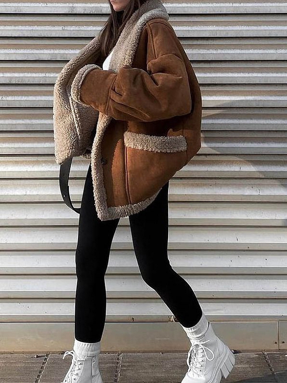 Lammfell-Tweed-Patchwork-Jacke mit großem Revers, lose Baumwolle FT238