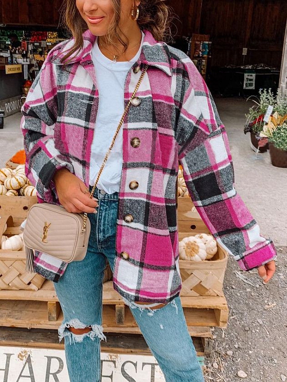 Damen Oversized Karierte Hemdjacke Langarm FT194