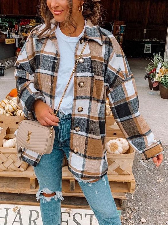 Damen Oversized Karierte Hemdjacke Langarm FT194