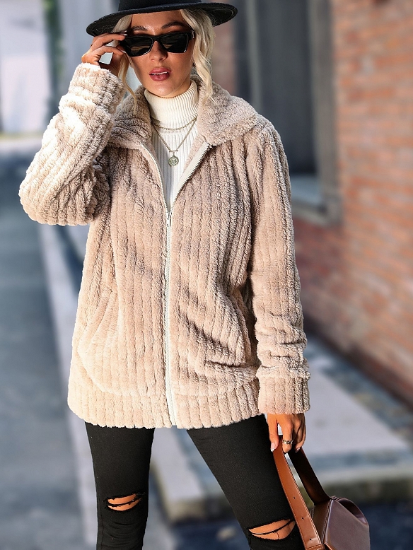 Reverskragen Reißverschluss Langarm einfarbig mittellang Wendefleecejacke FT281