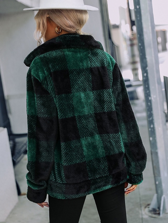 Kragen Karo regular mittellang Plüsch Reißverschluss Wendefleecejacke FT279