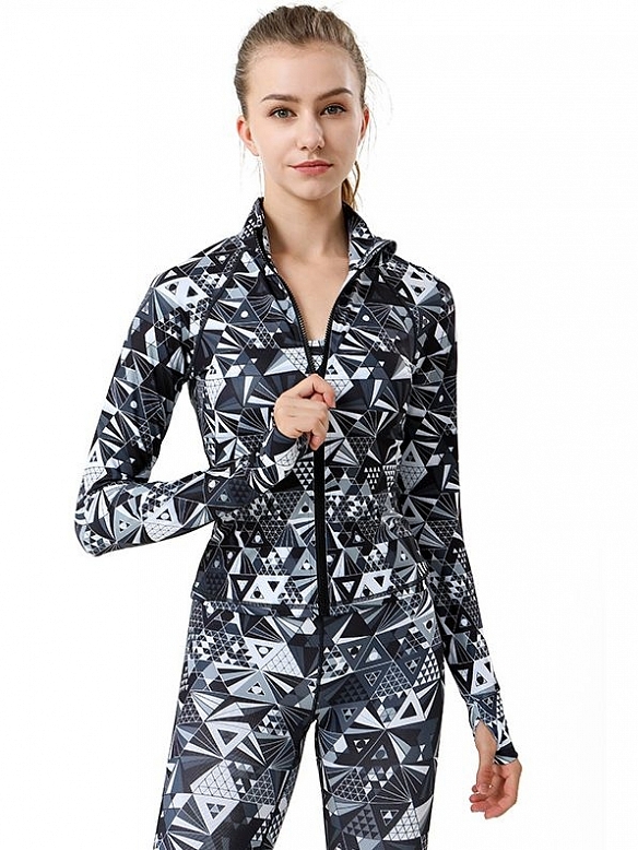 Stehkragen Reißverschluss Einsatz Finger Ärmel gedruckt Sportjacke FT301