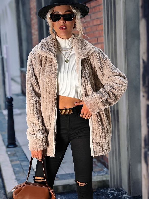 Langärmelige solide mittellange Wende-Fleecejacke FT291