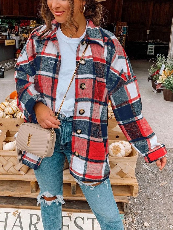 Damen Oversized Karierte Hemdjacke Langarm FT194