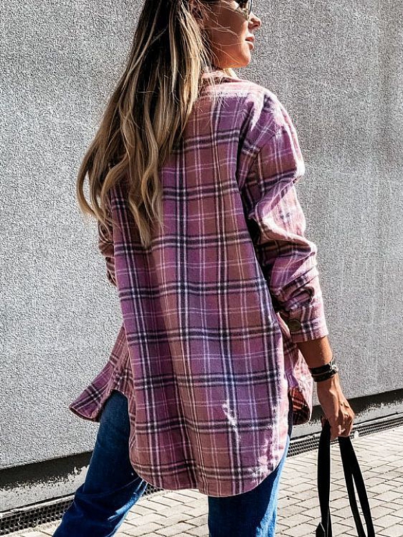 Damen Karierte Oversized Langarmshirt  FT196